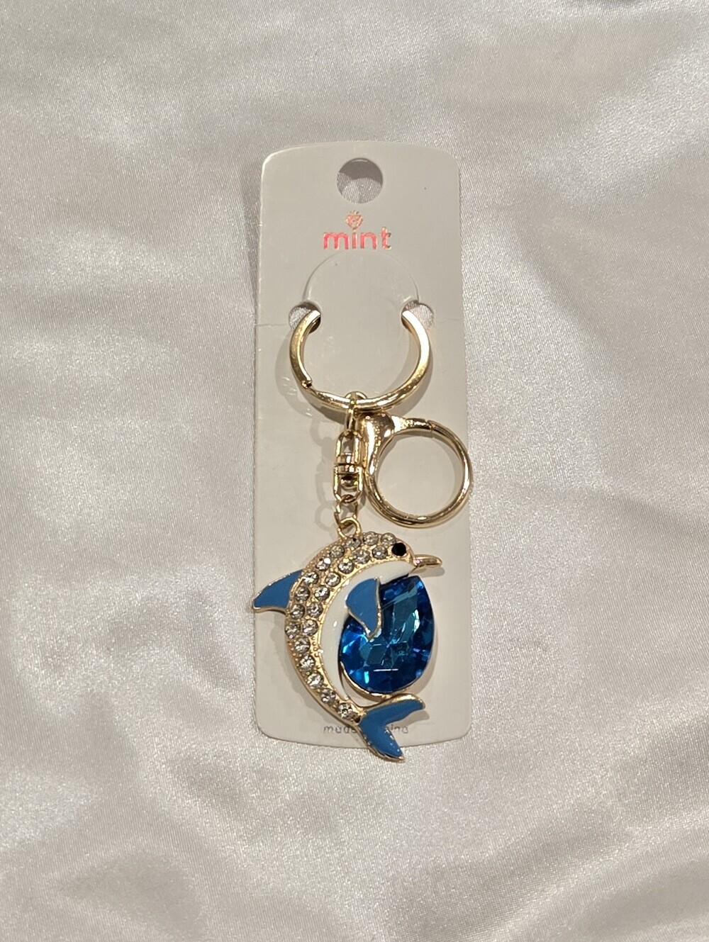 Mint Gold-Tone Blue Dolphin Crystal Keychain